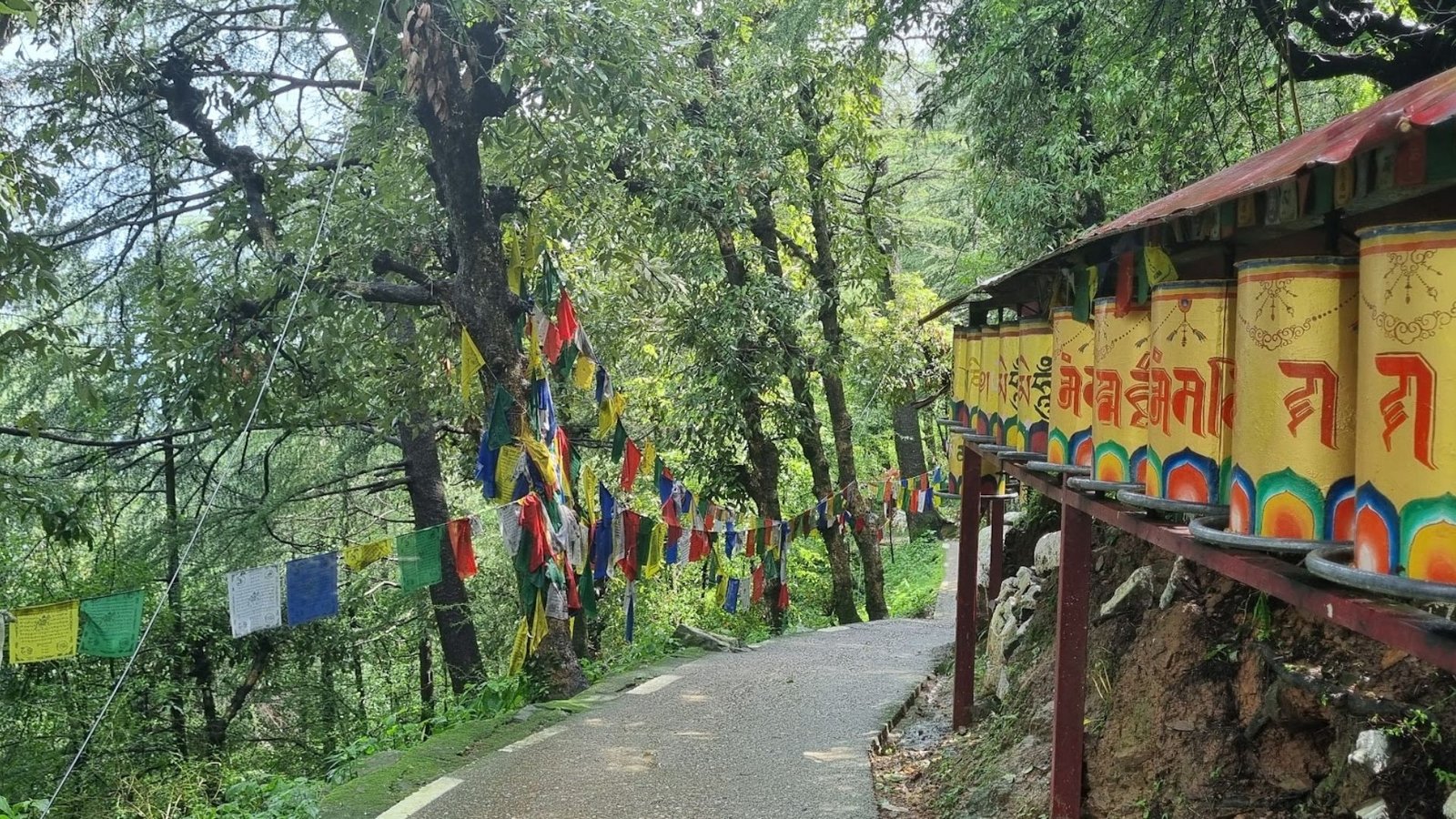 Peregrinar entre rodas de oração tibetanas e bandeiras coloridas no templo do Dalai Lama