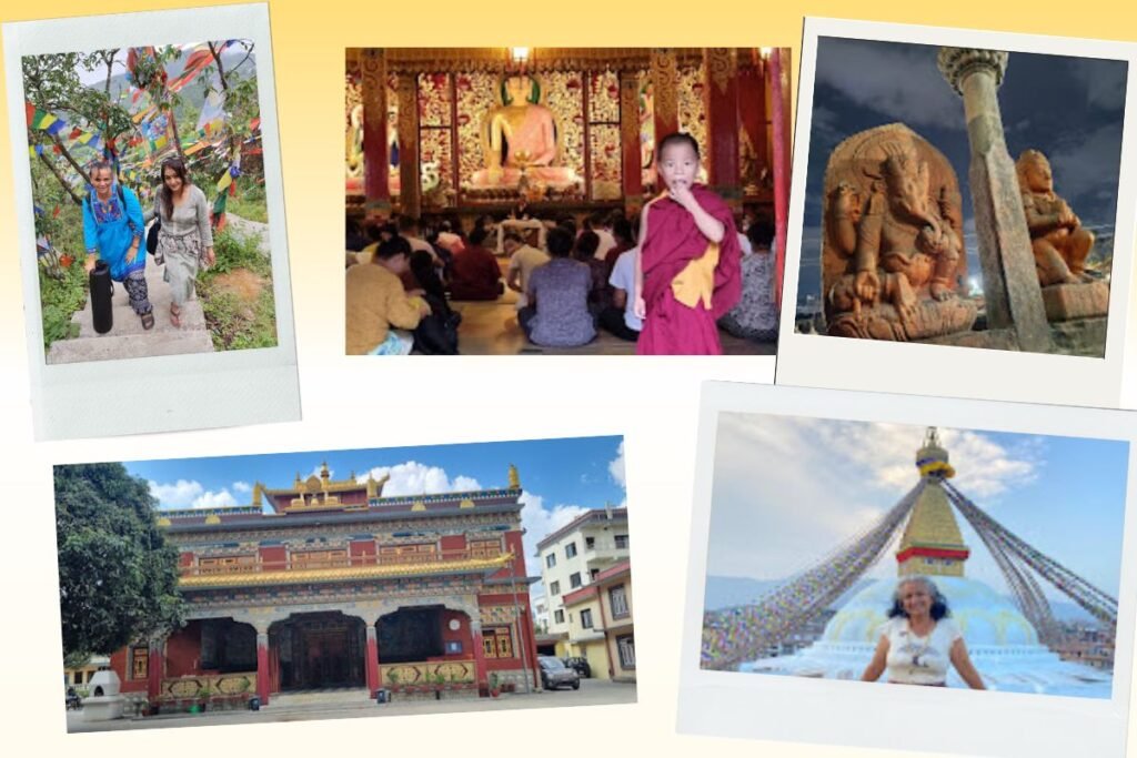 Colagem de fotos no Nepal: duas mulheres sorrindo em meio a bandeiras de oração coloridas em Pharping; interior de templo com monge e devotos em meditação; estátuas hindus em pedra; fachada ornamentada de um mosteiro tibetano em Katmandu; viajante sorridente diante da Boudhanath Stupa.