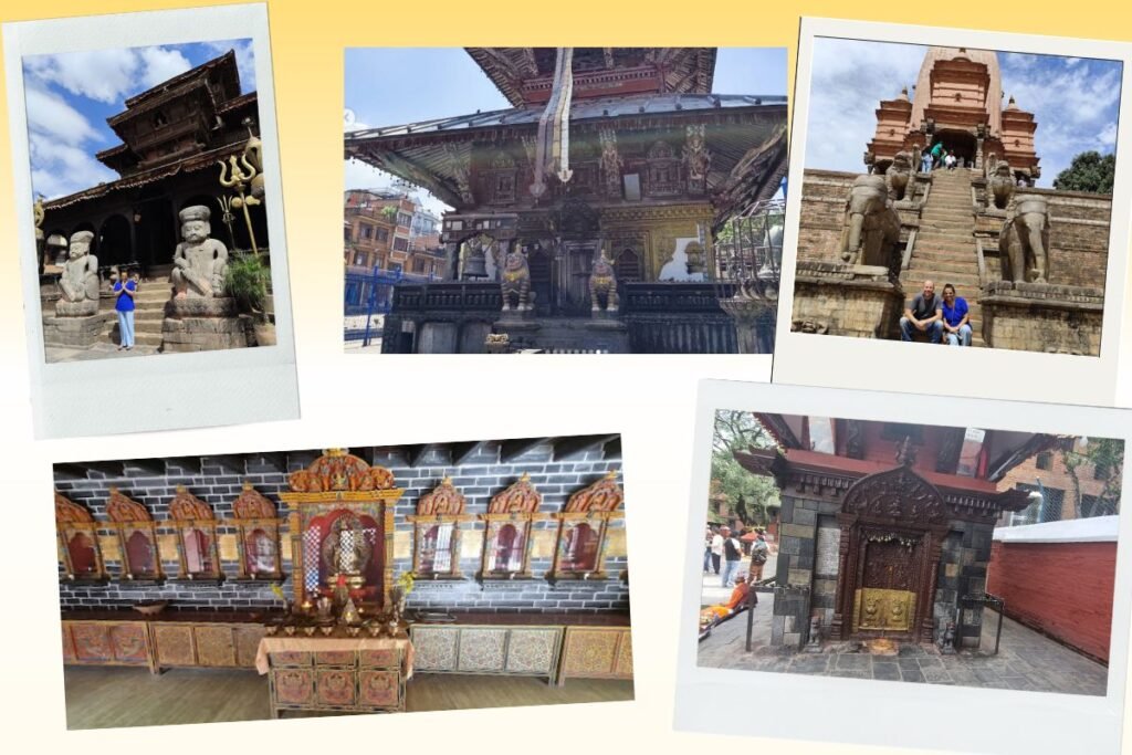 Colagem com imagens de Patan, Nepal: templos esculpidos em madeira e pedra com guardiões mitológicos; uma escadaria com estátuas de elefantes; um altar interno ricamente decorado com esculturas e mandalas; e um pequeno templo com porta dourada cercado por devotos. As fotos mostram a fusão entre arte, história e espiritualidade que define a cidade.