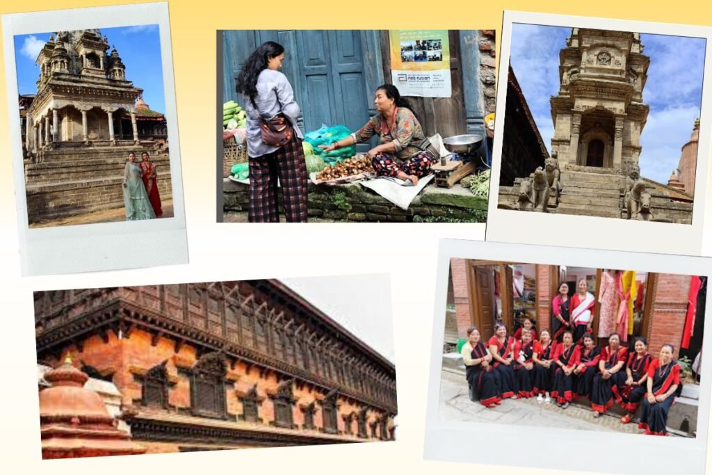 Colagem com cenas de Bhaktapur, no Nepal: templos históricos, mulheres em trajes tradicionais, mercado de rua e arquitetura típica newar.