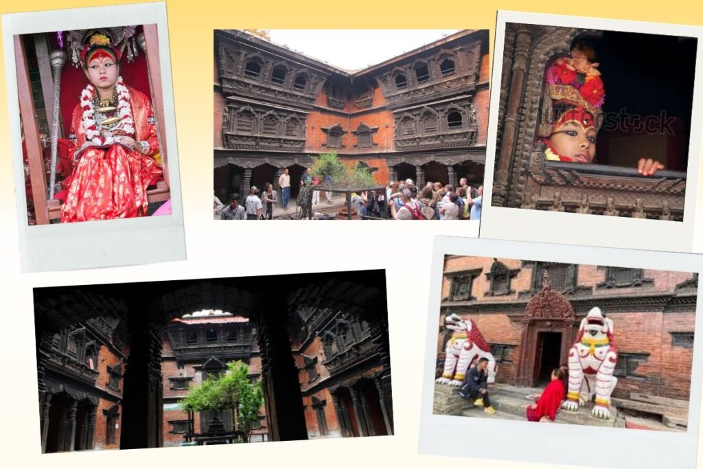 Colagem com imagens do Kumari Ghar em Katmandu: a jovem Kumari em trajes cerimoniais, janelas de madeira esculpida, turistas no pátio interno e a fachada com leões guardiões. O local é residência da deusa viva e símbolo da tradição espiritual nepalesa.