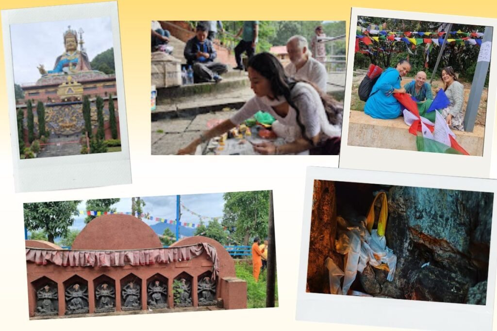 Colagem com cenas de Pharping, no Nepal: uma grande estátua de Padmasambhava; uma mulher fazendo oferendas no chão; três pessoas sorrindo enquanto preparam bandeirinhas de oração; um muro com esculturas religiosas; e o interior da caverna Asura, local sagrado para a prática de meditação.