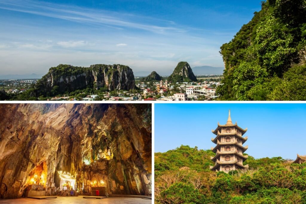 Cavernas com templos budistas, formações rochosas e pagode nas Marble Mountains, em Da Nang, Vietnã.