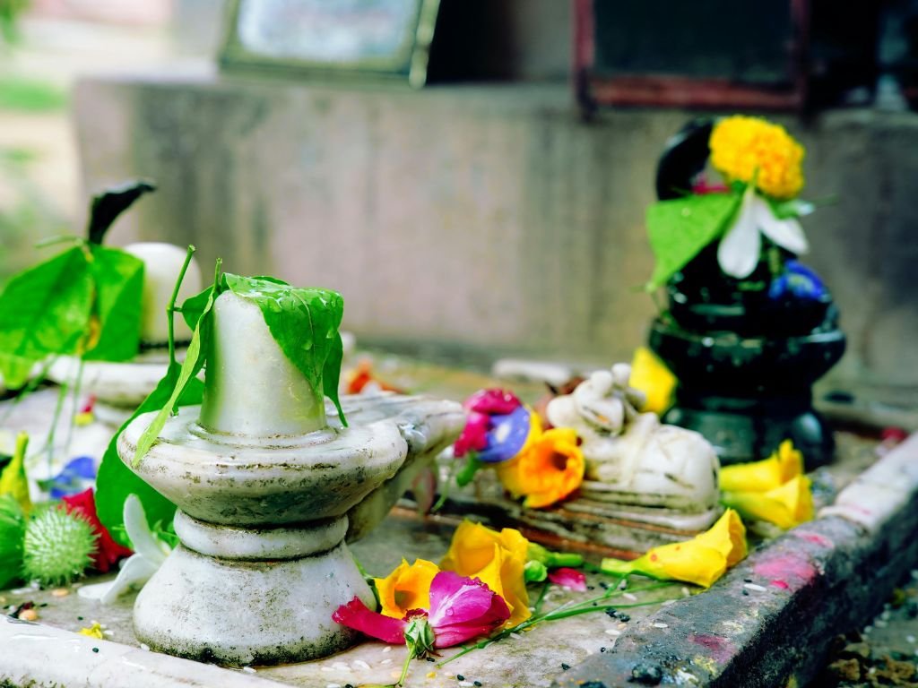 Oferendas tradicionais ao lingam, com flores e elementos rituais