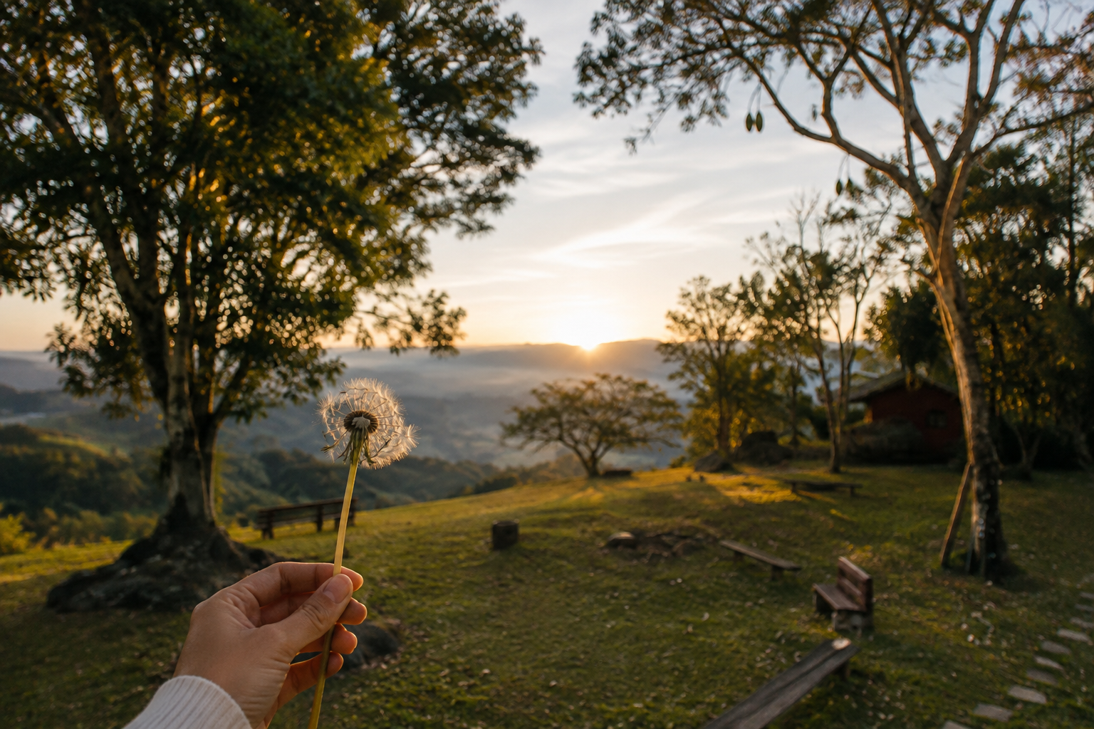Mão segurando um dente-de-leão diante da paisagem do Tao Tien ao pôr do sol