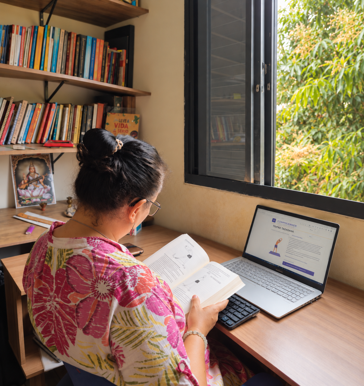 Marcela estudando Yoga com livro e notebook em seu espaço de trabalho