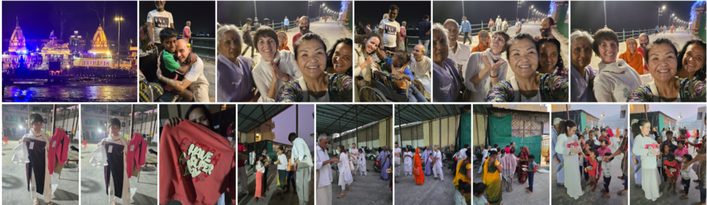 Participantes reunidos com crianças durante uma ação comunitária no período do Diwali em Rishikesh, Índia, em 2024.