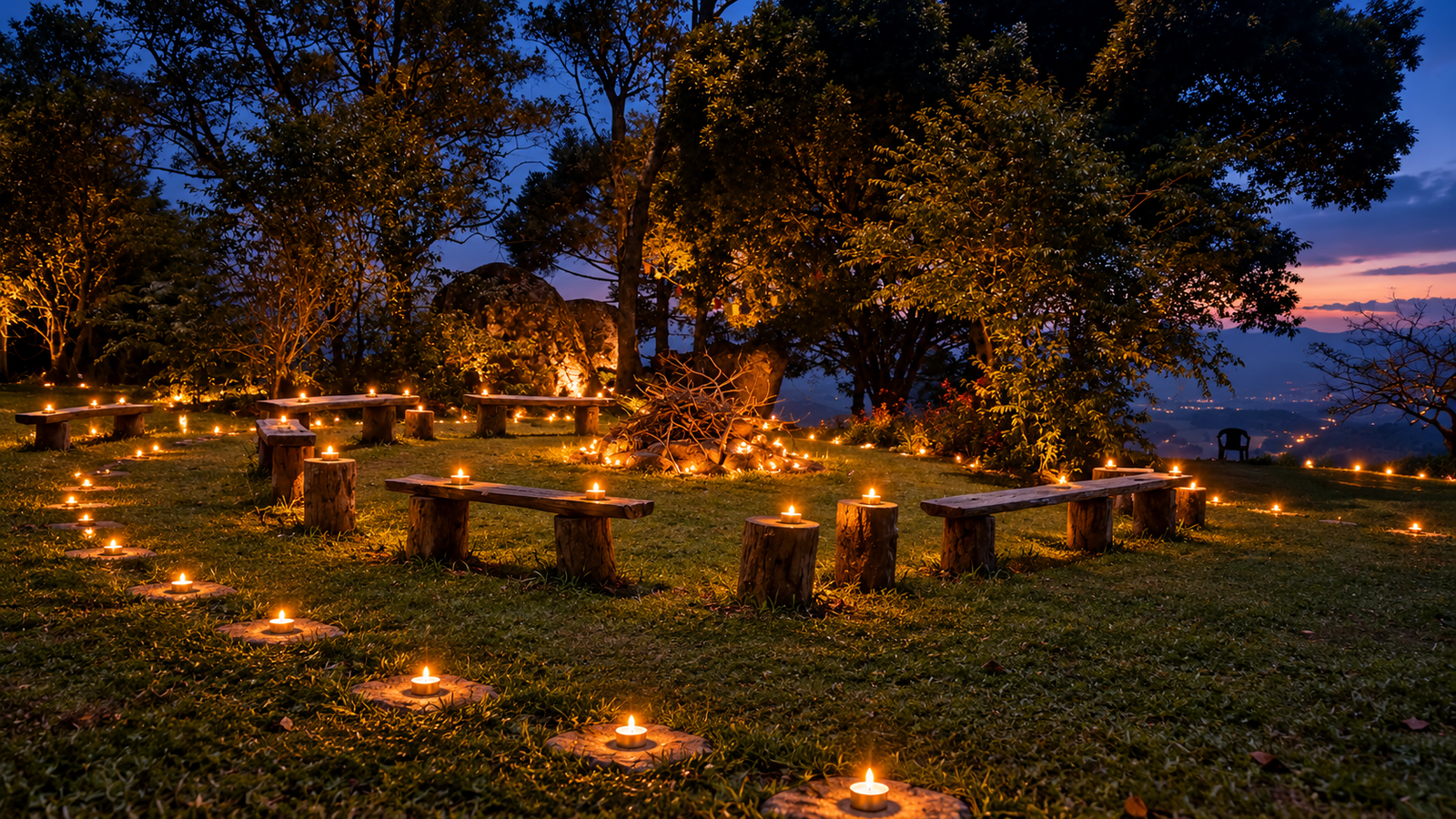 Círculo de velas acesas ao entardecer.