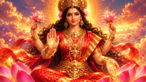 Detalhe das mãos de Lakshmi em gestos associados ao Abhaya Mudra e ao Varada Mudra