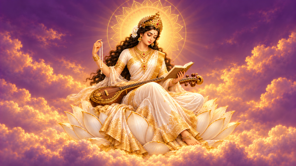 Deusa Saraswati com vīṇā, livro e vestes brancas, representando conhecimento, música e sabedoria.