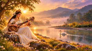 Saraswati tocando a vīṇā, instrumento associado à música, à arte e à expressão do conhecimento.