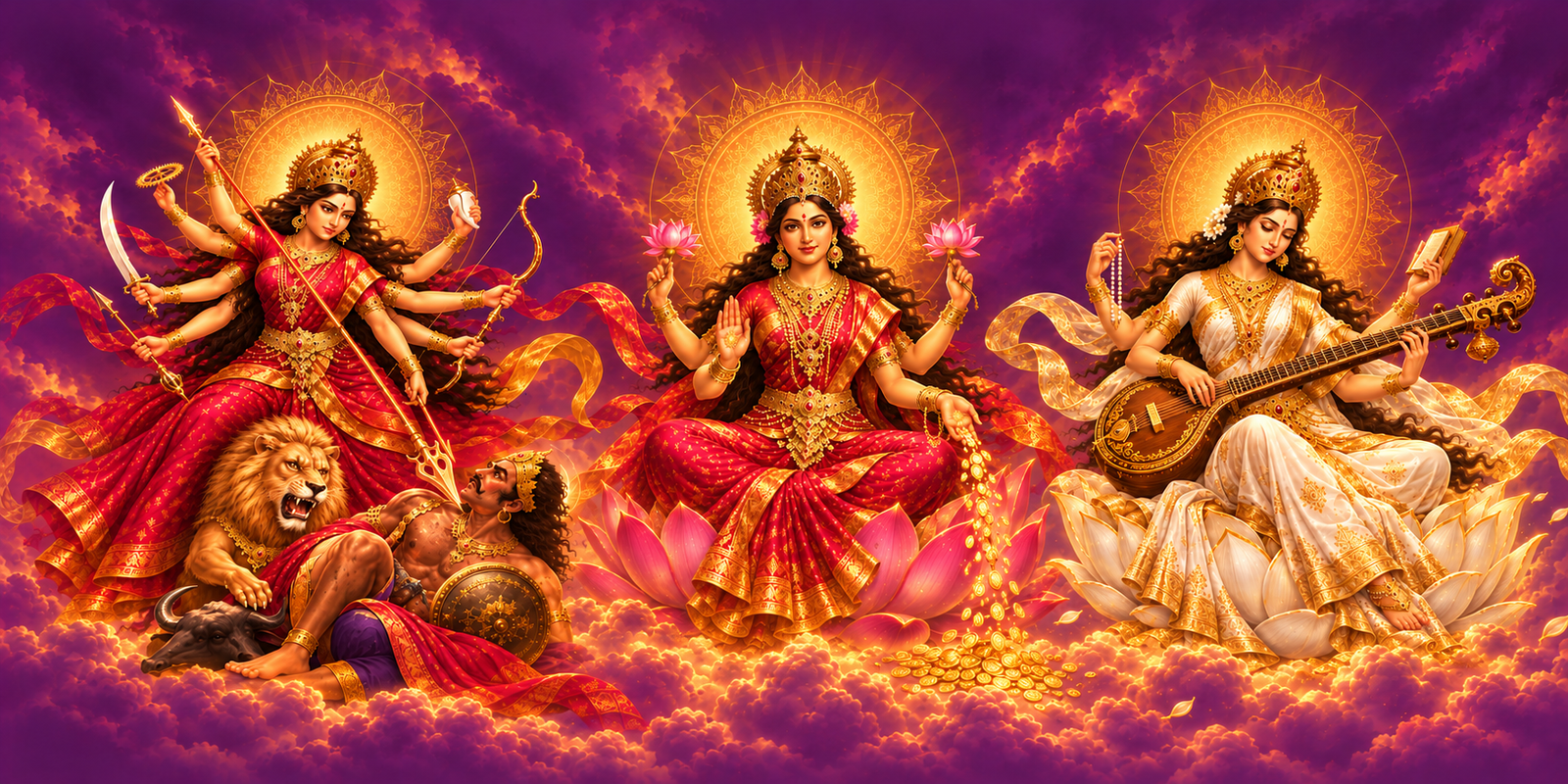 Durga, Lakshmi e Saraswati, representadas com halos dourados sobre um céu roxo.