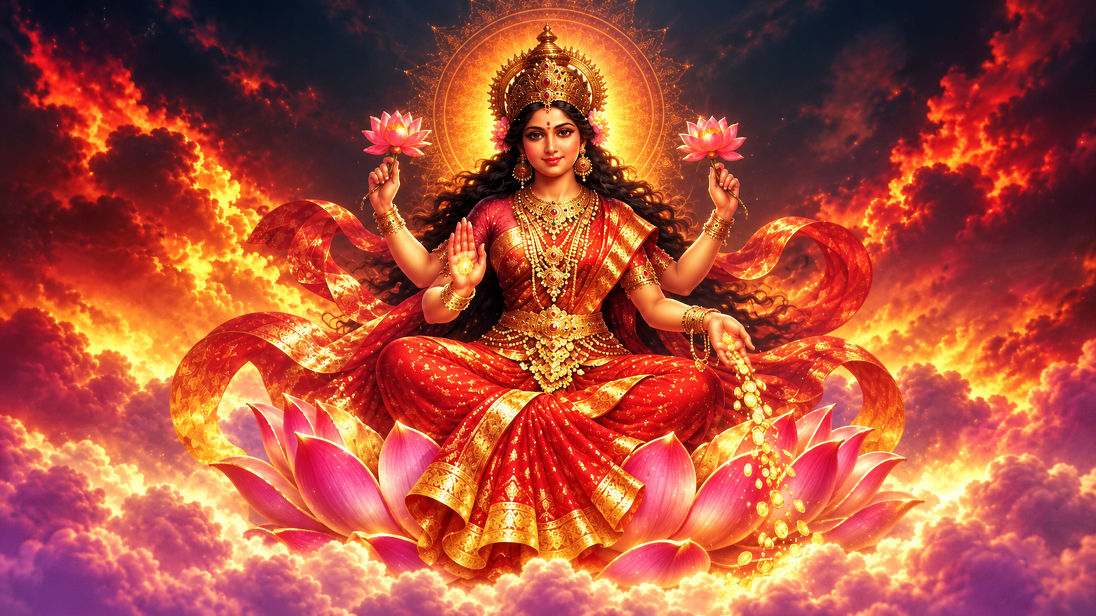 Deusa Lakshmi sentada sobre uma flor de lótus, com quatro braços, flores e moedas douradas.