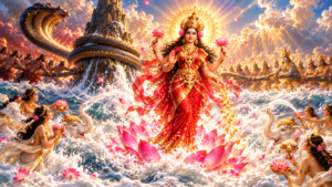 Deusa Lakshmi surgindo do Oceano de Leite sobre uma flor de lótus durante o Samudra Manthana