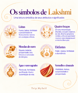 Infográfico com os principais símbolos de Lakshmi, incluindo lótus, quatro braços, moedas de ouro, elefantes, água e vasos sagrados, vermelho e dourado.